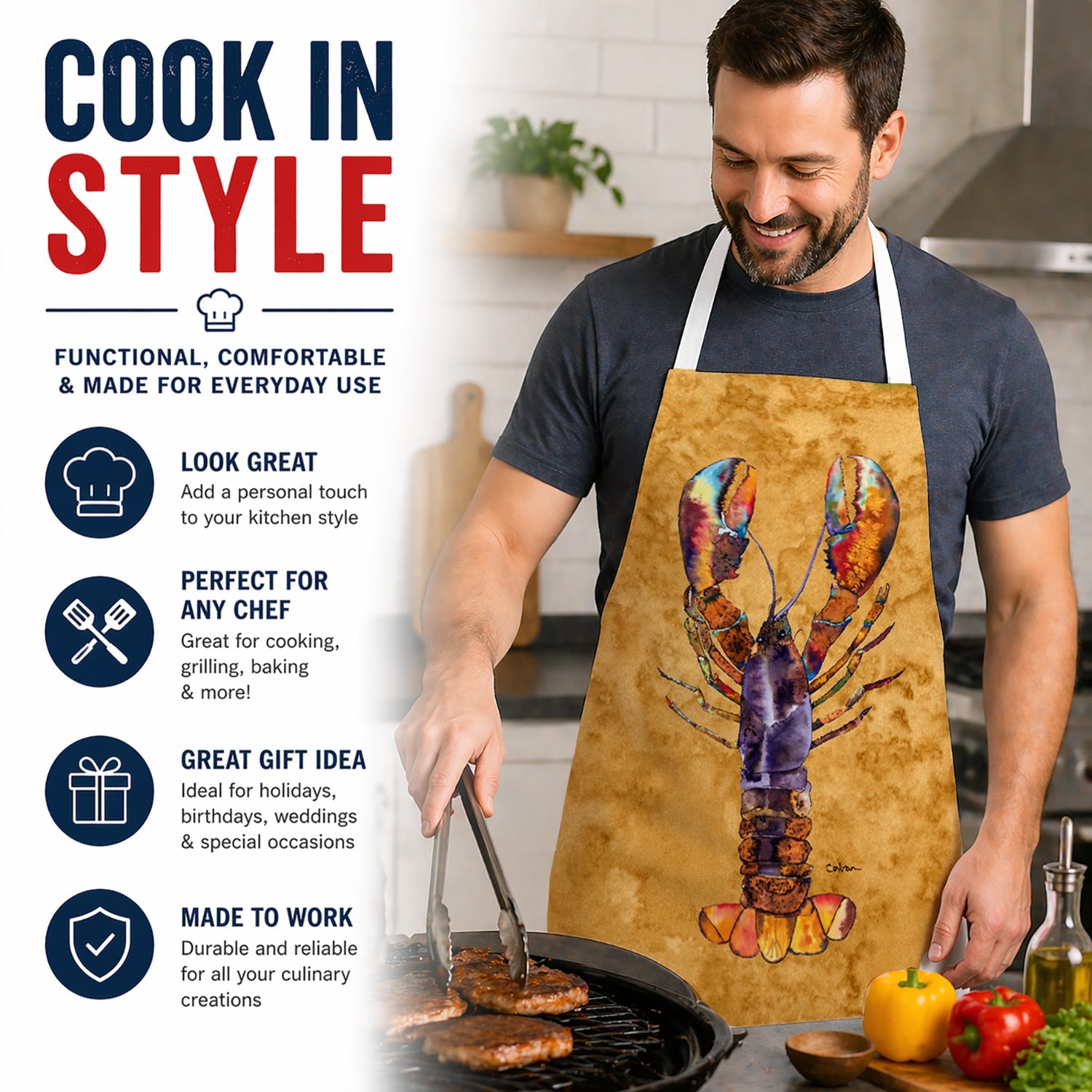 Lobster Apron Cooking Kitchen Server Baking Crafts Gardening for Adult Women Men, Unisex, Large, Multicolor