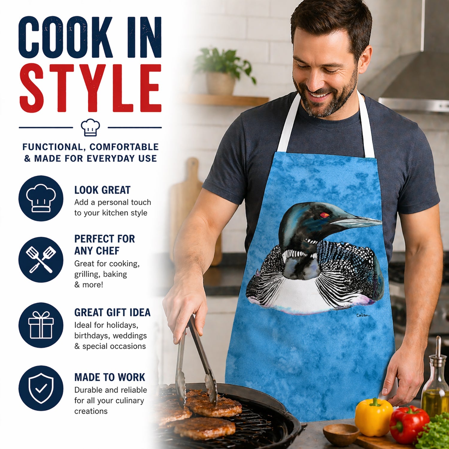 Loon Apron Cooking Kitchen Server Baking Crafts Gardening for Adult Women Men, Unisex, Large, Multicolor
