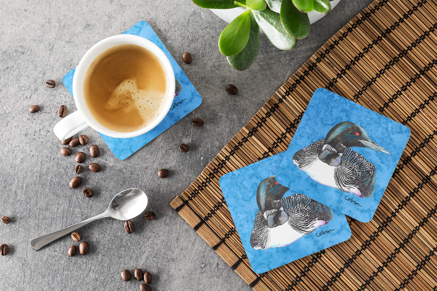 Loon Foam Coasters Set of 4 Cup Coasters for Indoor Outdoor, Tabletop Protection, Anti Slip, Mouse pad Material