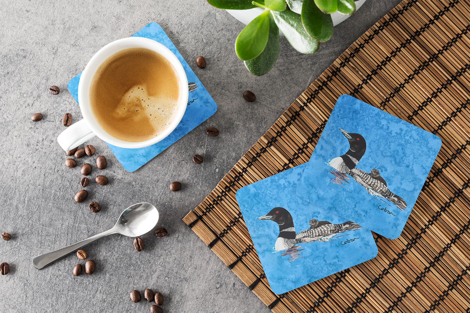 Momma and Baby Loon Foam Coasters Set of 4 Cup Coasters for Indoor Outdoor, Tabletop Protection, Anti Slip, Mouse pad Material