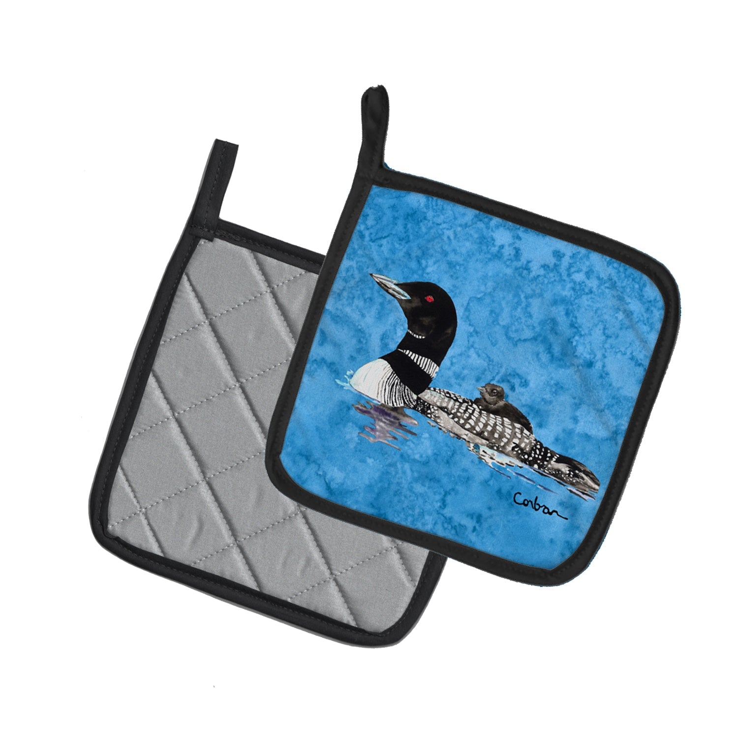 Momma and Baby Loon Pot Holder Set of 2 Heat Resistant Quilted Hot Pads 7.5 x 7.5 Inch, Insulated Kitchen Trivets for Cooking & Baking