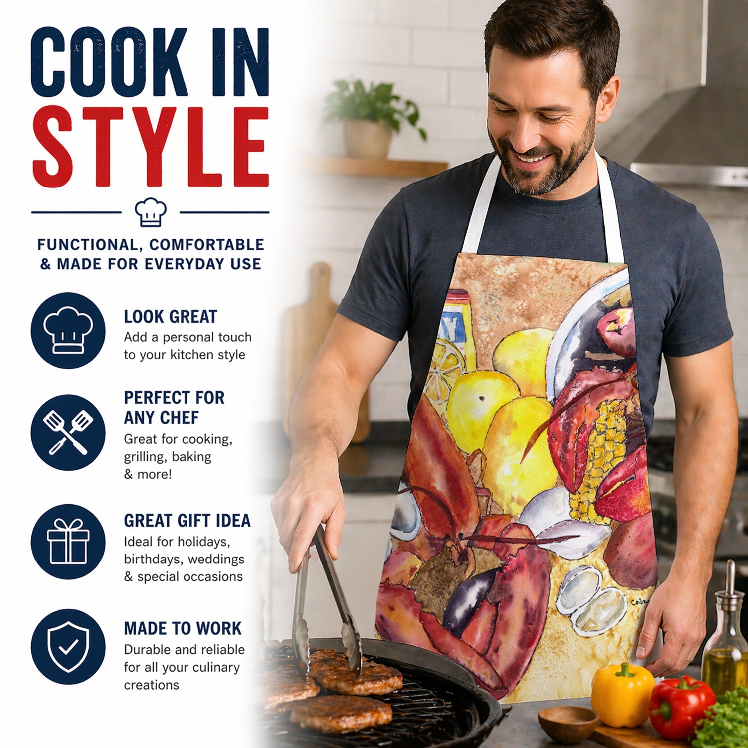 Lobster with Old Bay Apron Cooking Kitchen Server Baking Crafts Gardening for Adult Women Men, Unisex, Large, Multicolor