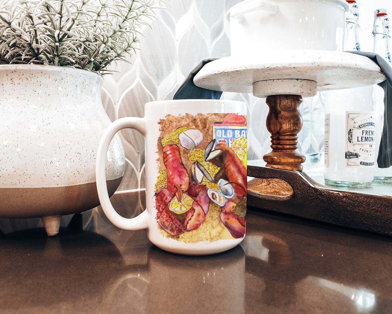 Lobster with Old Bay Ceramic Coffee Mug 15 oz Decorative Large C Handle Mug Cup for Tea, Cocoa Hot Chocolate