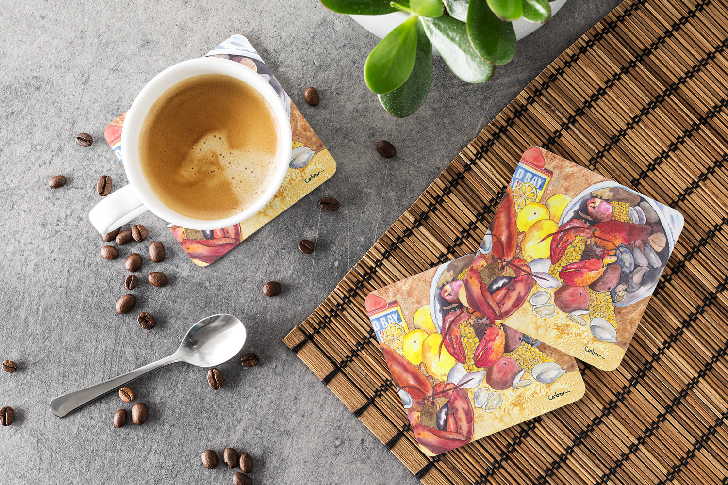 Lobster with Old Bay Foam Coasters Set of 4 Cup Coasters for Indoor Outdoor, Tabletop Protection, Anti Slip, Mouse pad Material