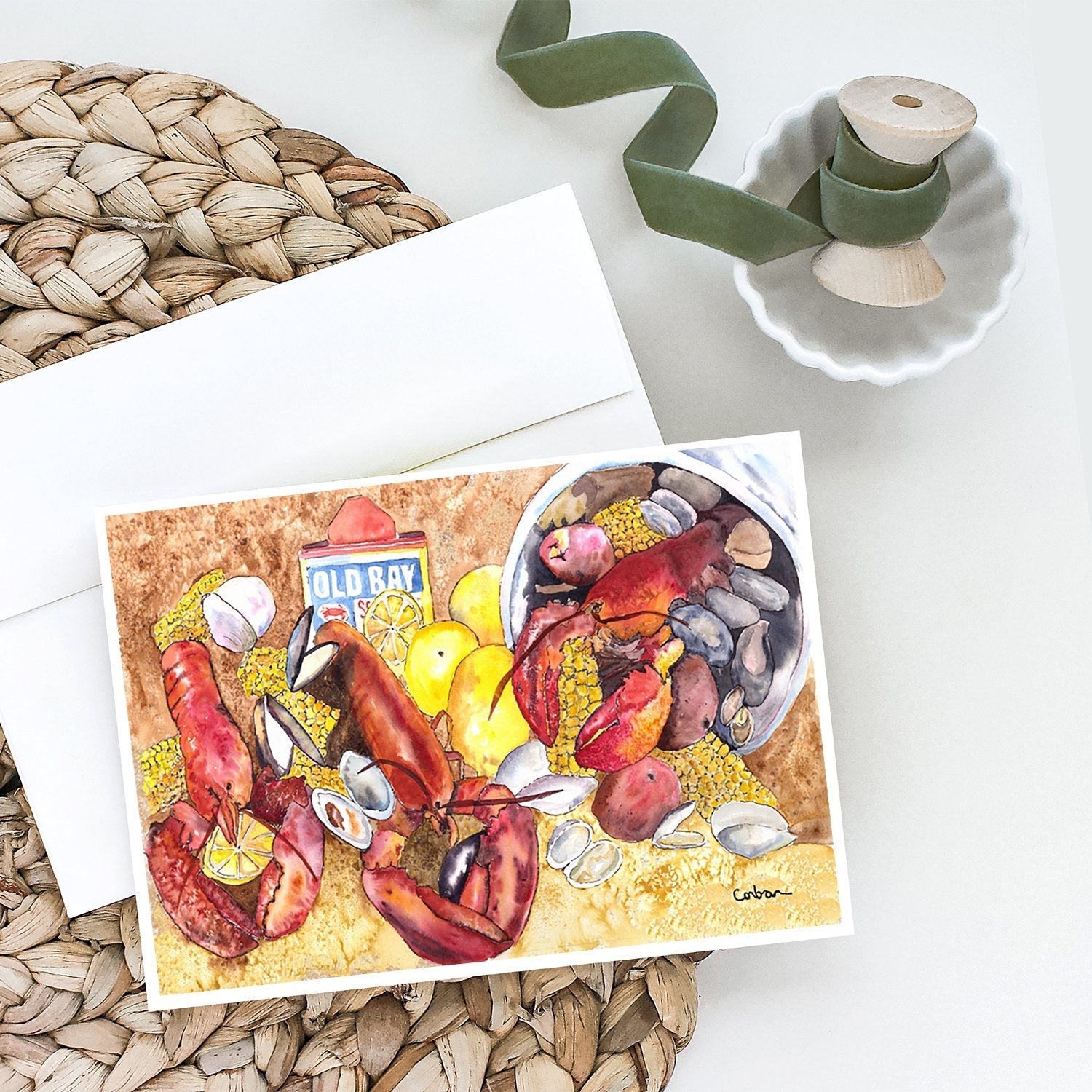 Lobster with Old Bay Greeting Cards Pack of 8 Blank Cards with Envelopes Whimsical A7 Size 5x7