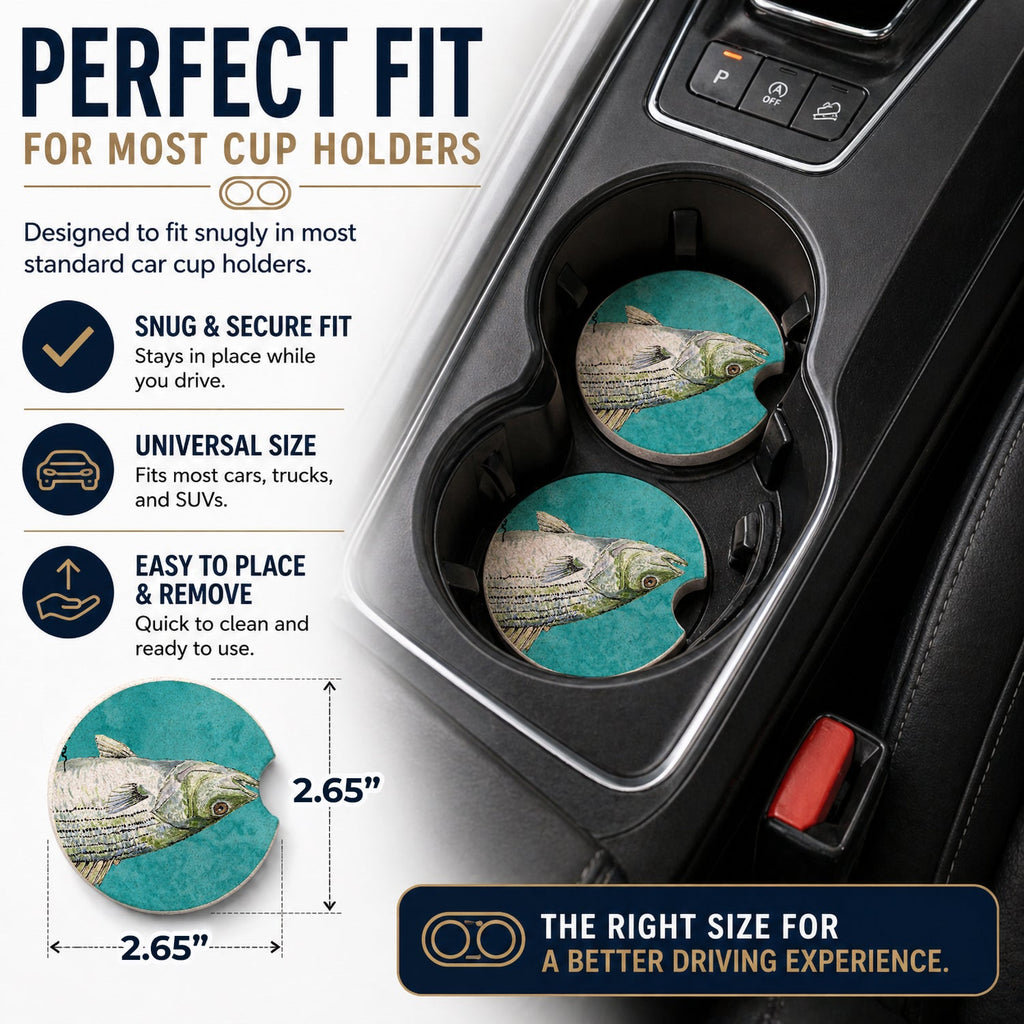 Striped Bass Fish Set of 2 Cup Holder Car Coasters Absorbent Round Sandstone Coasters Gifts for Men or Women, 2.5, Multicolor