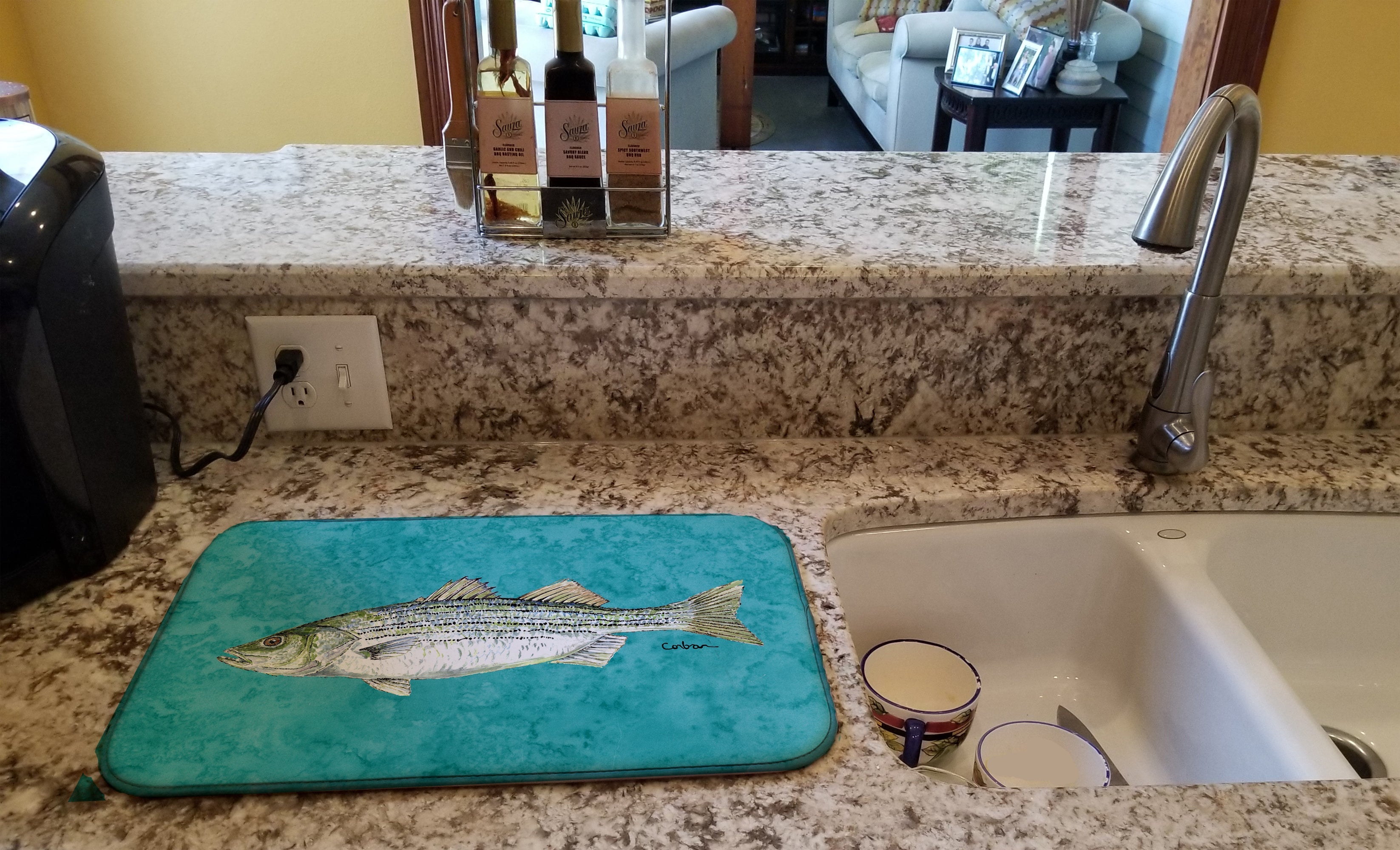 Striped Bass Fish Dish Drying Mat Absorbent Dish Drying Mat Pad for Kitchen Counter Dish Drainer Mat for Countertop, 14 x 21", Multicolor