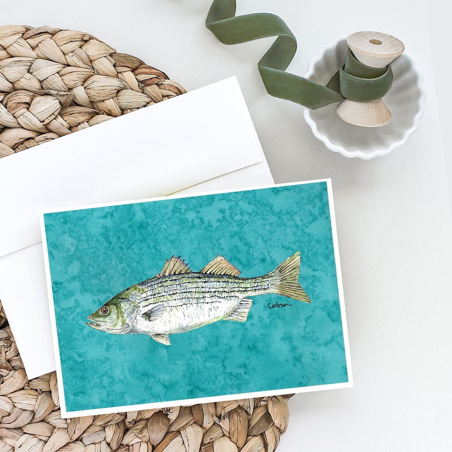 Striped Bass Fish Greeting Cards Pack of 8 Blank Cards with Envelopes Whimsical A7 Size 5x7