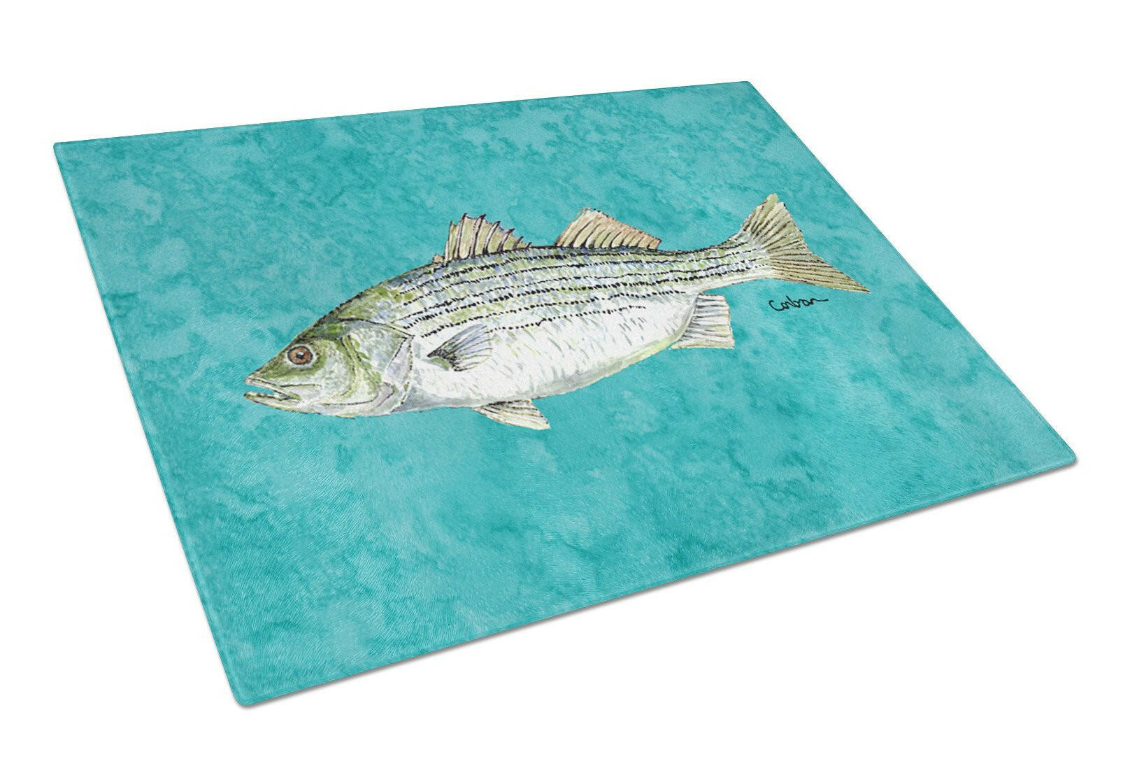 Striped Bass Fish Cutting Board Tempered Glass Kitchen Cutting Surface, Heat Resistant Chopping, Non-Slip Feet, Food Prep & Serving