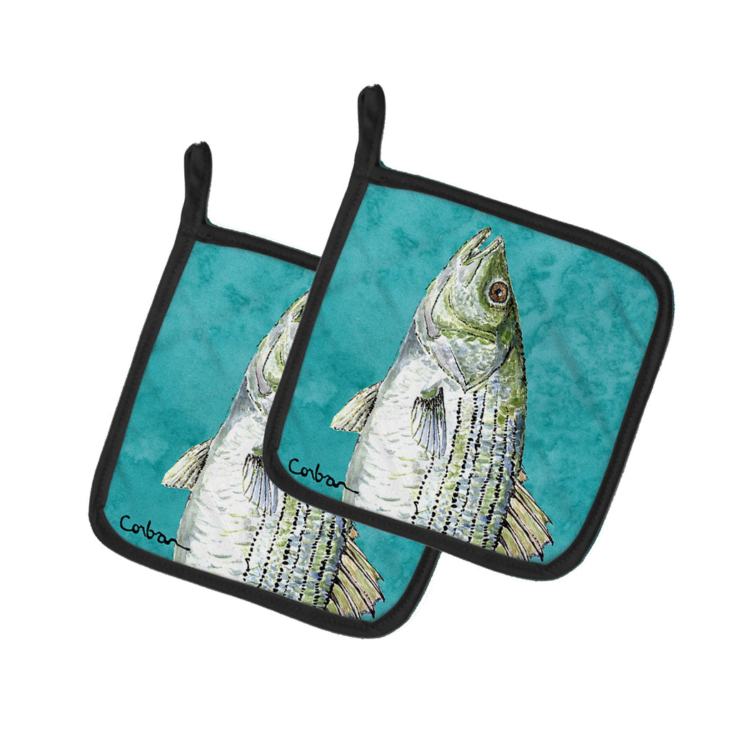 Striped Bass Fish Pot Holder Set of 2 Heat Resistant Quilted Hot Pads 7.5 x 7.5 Inch, Insulated Kitchen Trivets for Cooking & Baking