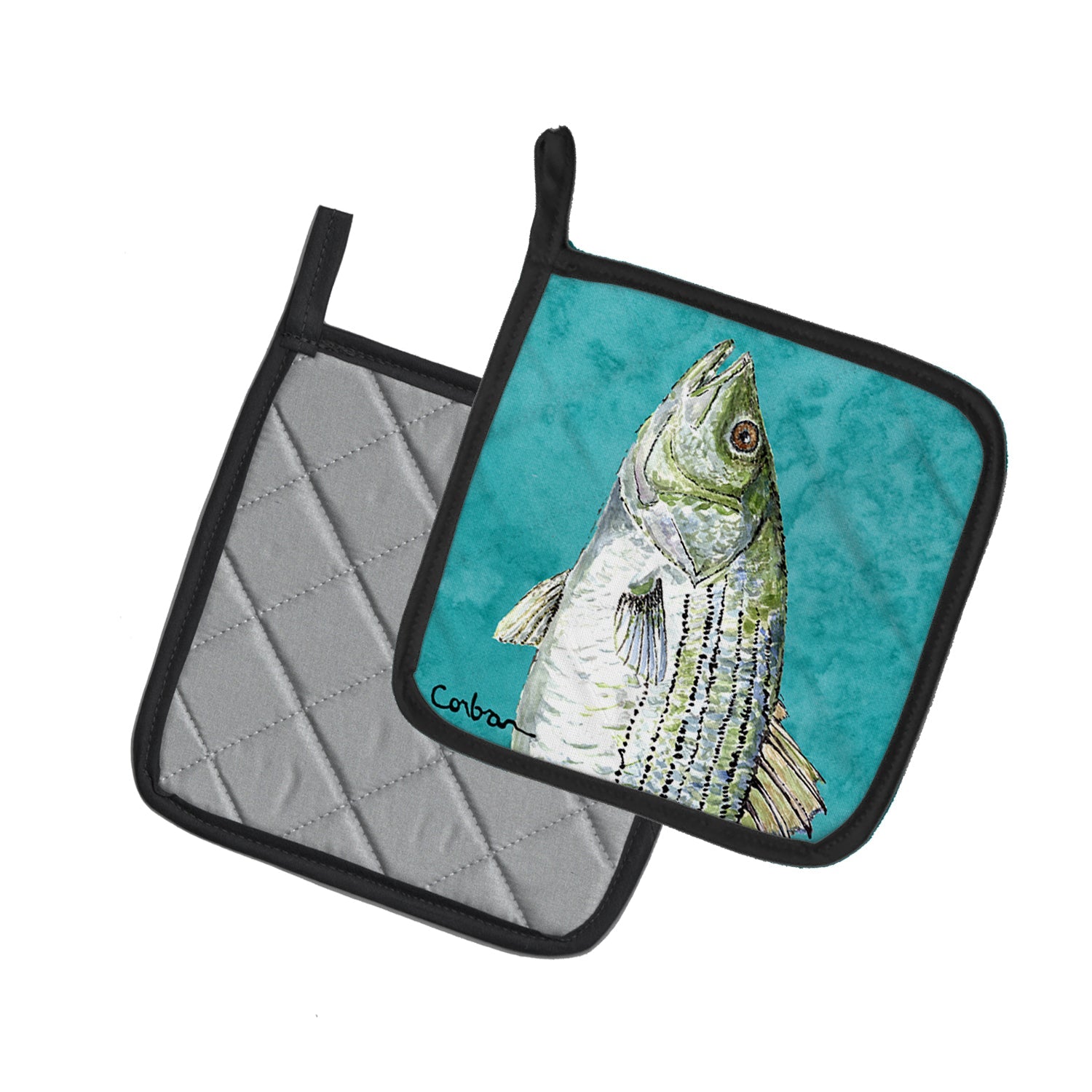 Striped Bass Fish Pot Holder Set of 2 Heat Resistant Quilted Hot Pads 7.5 x 7.5 Inch, Insulated Kitchen Trivets for Cooking & Baking