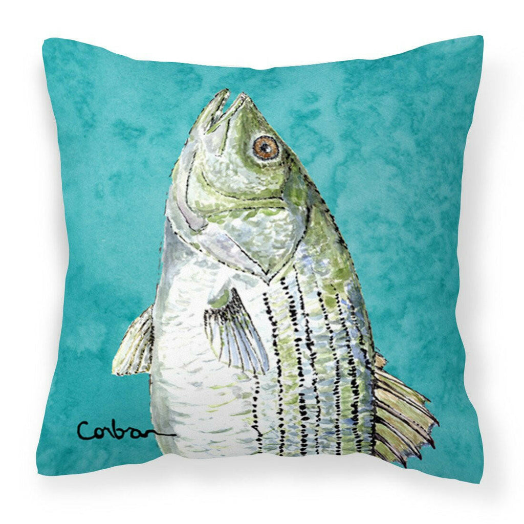 Striped Bass Fish Decorative Throw Pillow 14x14 Indoor Outdoor Accent Cushion, Fabric Cover with Insert for Sofa, Bed, Porch & Living Room