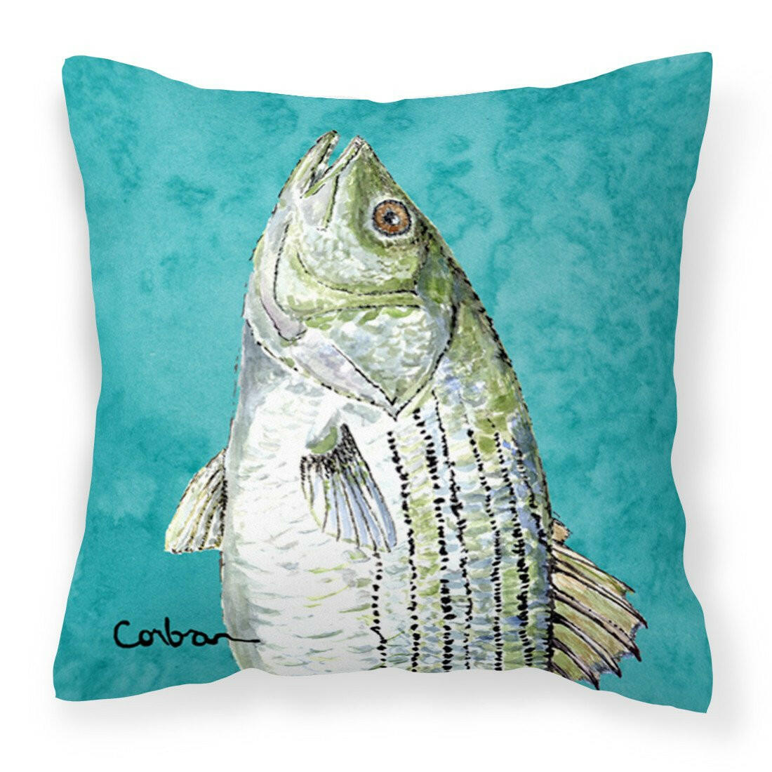 Striped Bass Fish Decorative Throw Pillow 14x14 Indoor Outdoor Accent Cushion, Fabric Cover with Insert for Sofa, Bed, Porch & Living Room