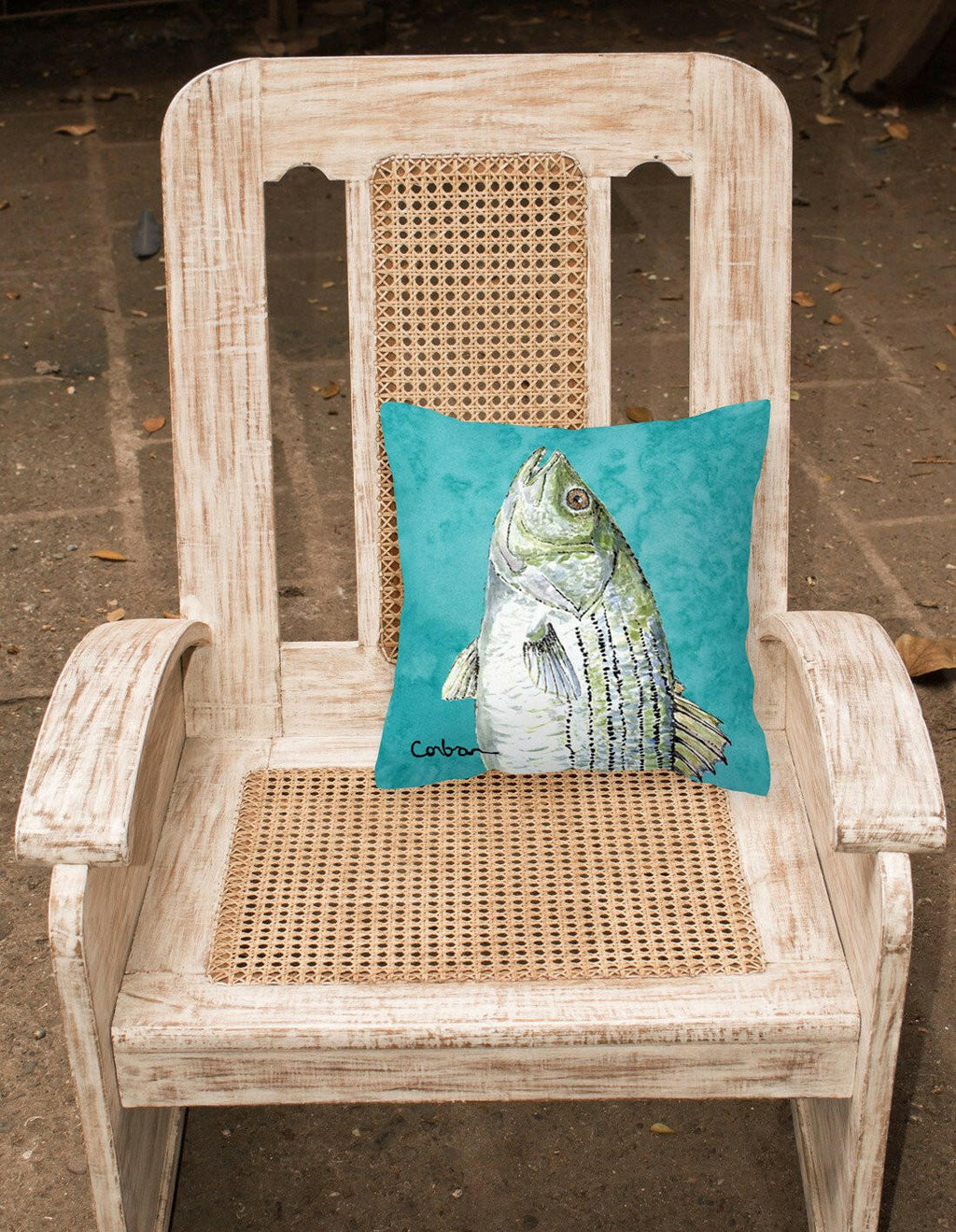 Striped Bass Fish Decorative Throw Pillow 14x14 Indoor Outdoor Accent Cushion, Fabric Cover with Insert for Sofa, Bed, Porch & Living Room