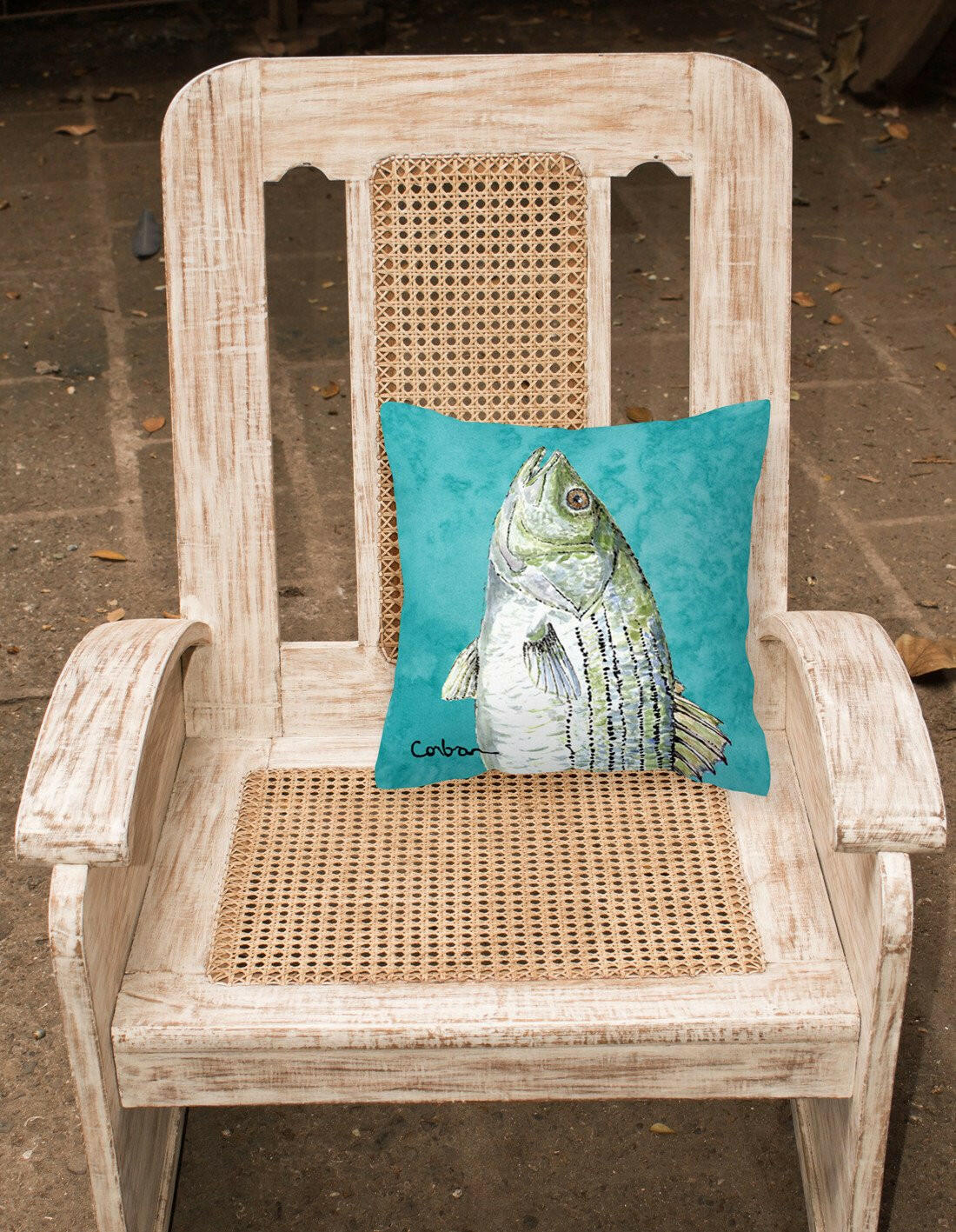 Striped Bass Fish Decorative Throw Pillow 14x14 Indoor Outdoor Accent Cushion, Fabric Cover with Insert for Sofa, Bed, Porch & Living Room