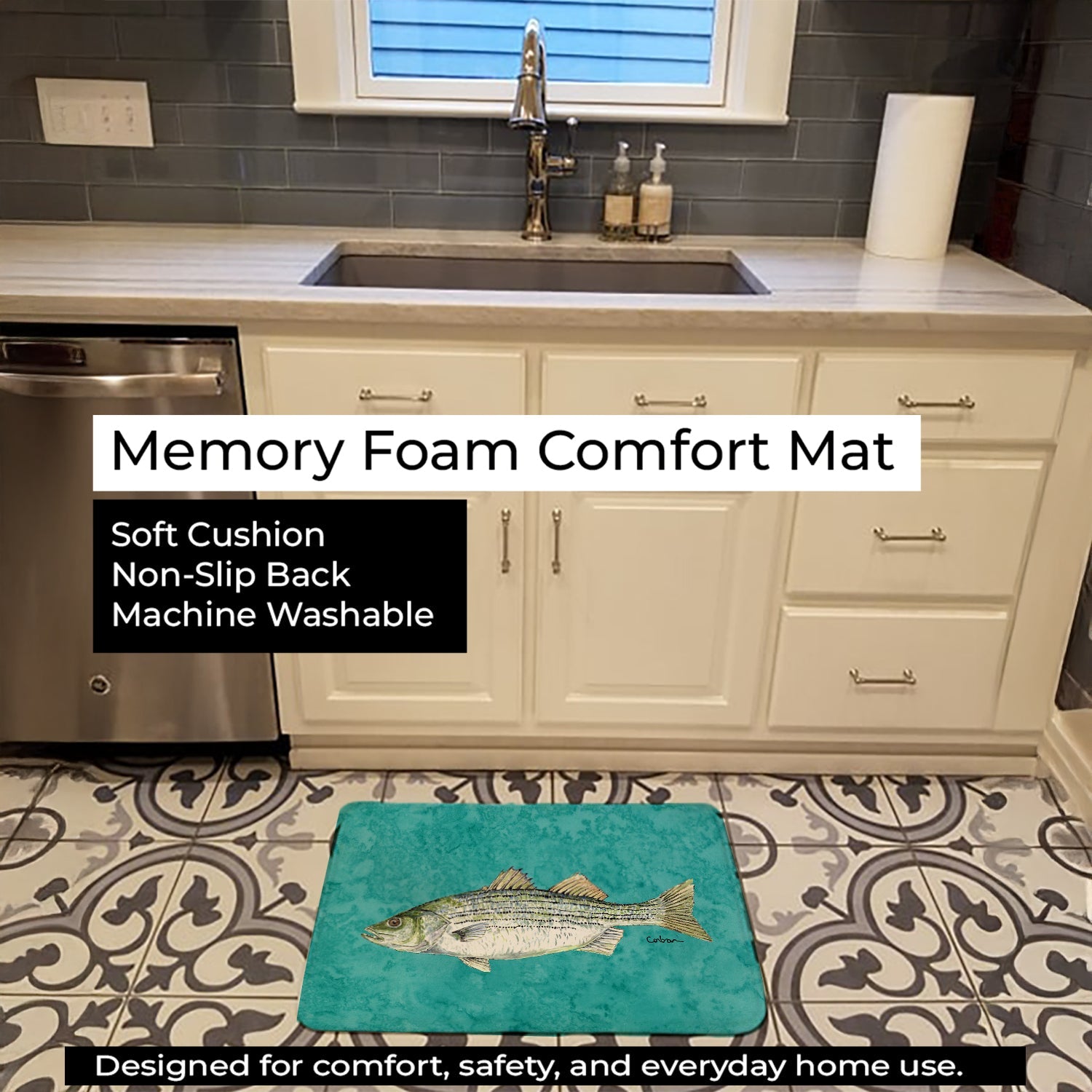 Striped Bass Fish Memory Foam Kitchen Mat Machine Washable Anti-Fatigue Cushion Comfort Bath or Kitchen Rug
