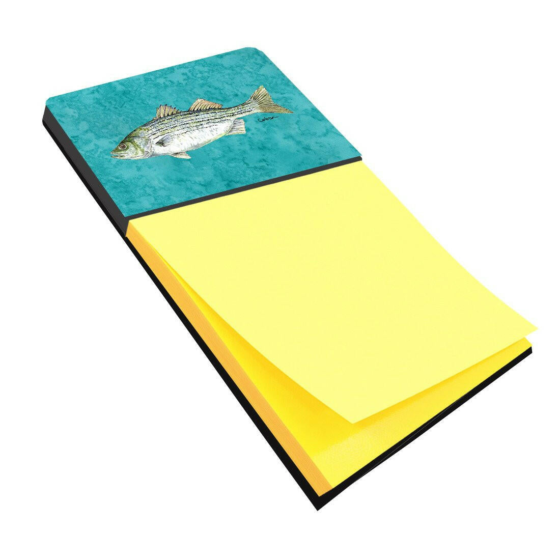 Striped Bass Fish Watercolor Sticky Note Holder Refillable Dispenser Desk Accessory 3x3 Pad Gift