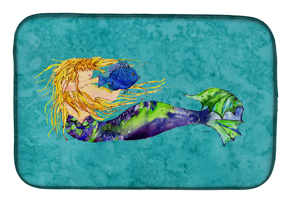 Blonde Mermaid on Teal Dish Drying Mat Absorbent Dish Drying Mat Pad for Kitchen Counter Dish Drainer Mat for Countertop, 14 x 21", Multicolor