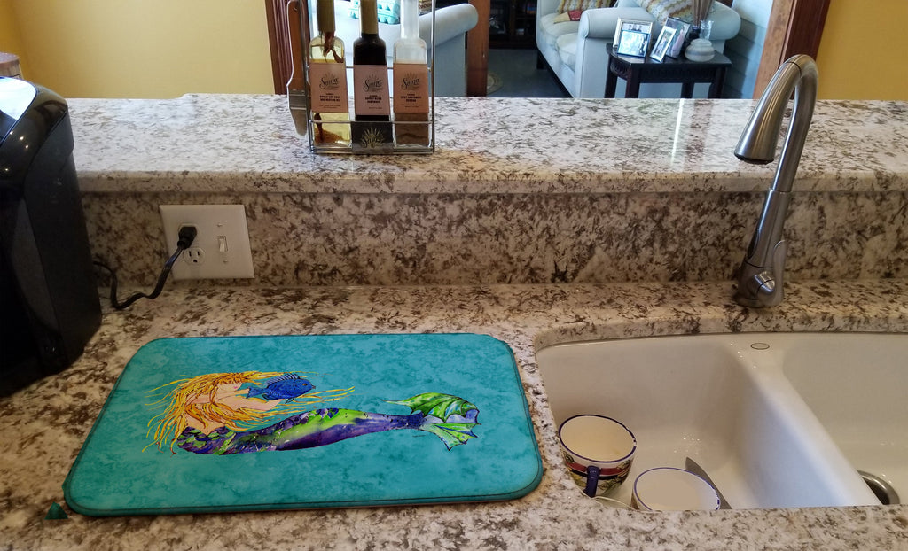 Blonde Mermaid on Teal Dish Drying Mat Absorbent Dish Drying Mat Pad for Kitchen Counter Dish Drainer Mat for Countertop, 14 x 21", Multicolor