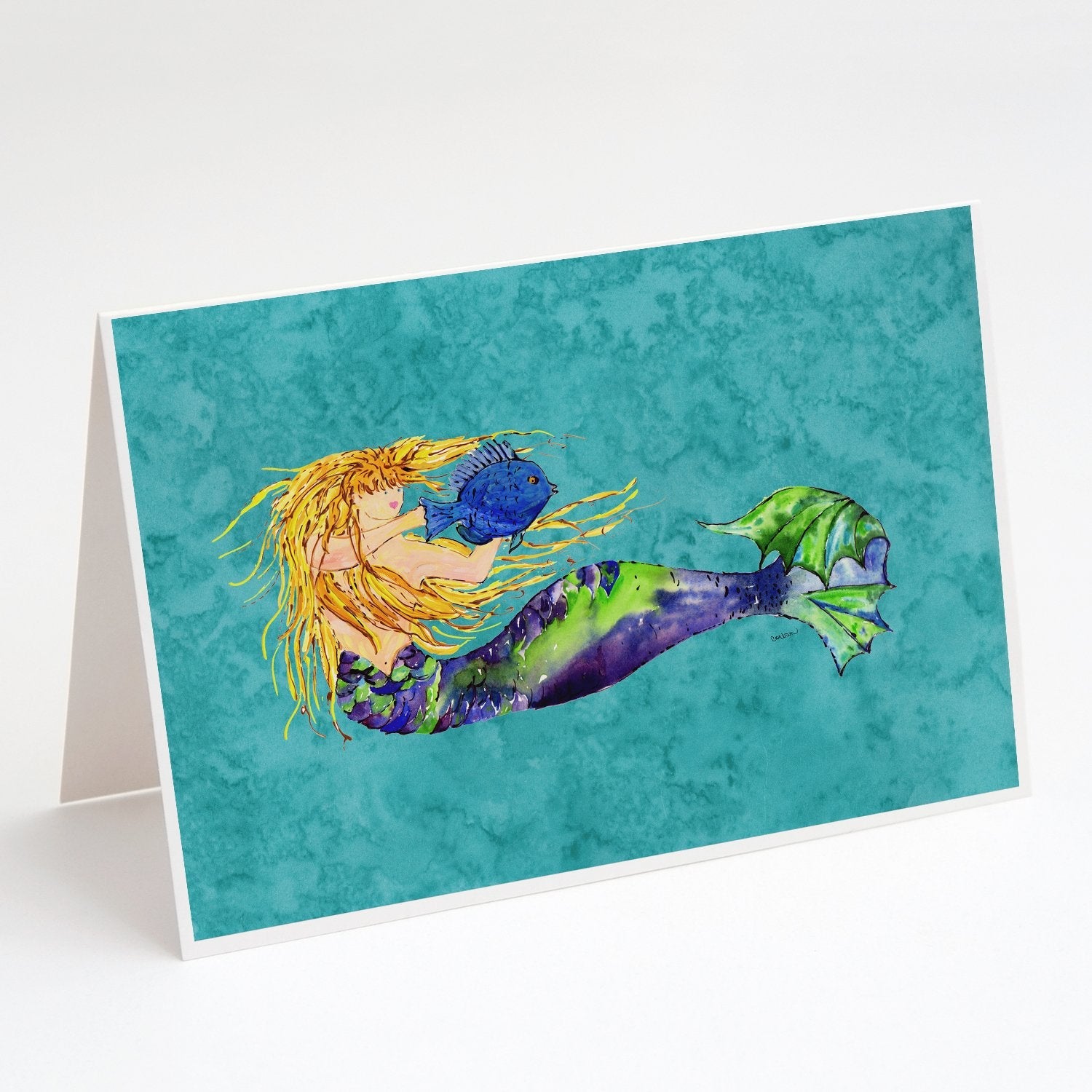 Blonde Mermaid on Teal Greeting Cards Pack of 8 Blank Cards with Envelopes Whimsical A7 Size 5x7