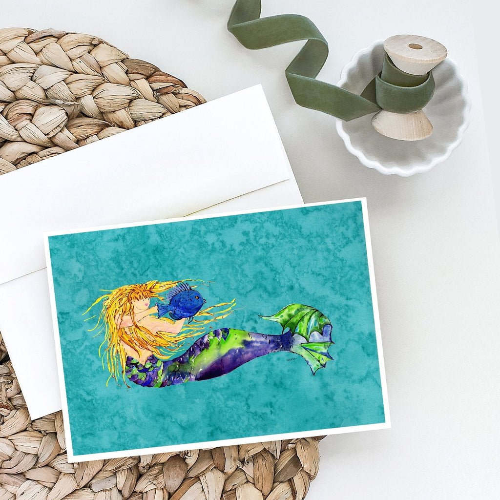 Blonde Mermaid on Teal Greeting Cards Pack of 8 Blank Cards with Envelopes Whimsical A7 Size 5x7