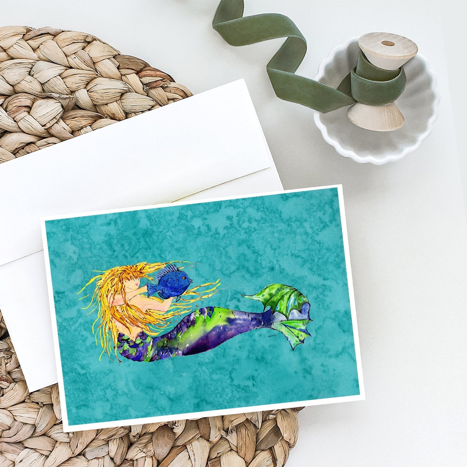 Blonde Mermaid on Teal Greeting Cards Pack of 8 Blank Cards with Envelopes Whimsical A7 Size 5x7