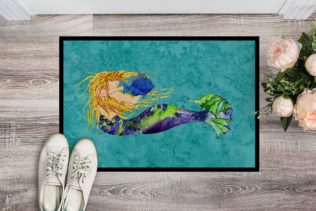Blonde Mermaid on Teal Doormat Indoor Outdoor 24H X 36W Front Door Mat Rugs for Entryway, Non Slip Washable Low Pile,