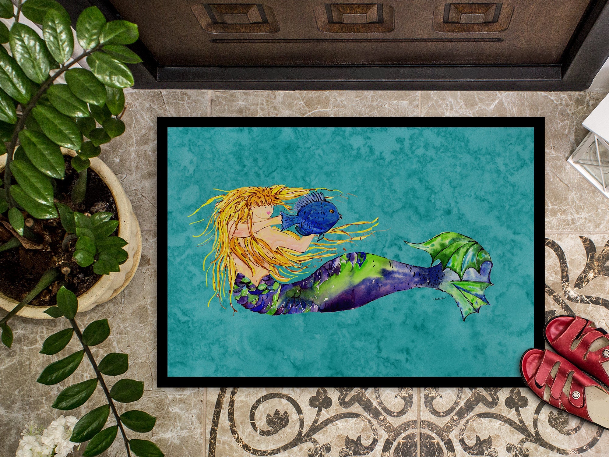 Blonde Mermaid on Teal Doormat Indoor Outdoor 24H X 36W Front Door Mat Rugs for Entryway, Non Slip Washable Low Pile,