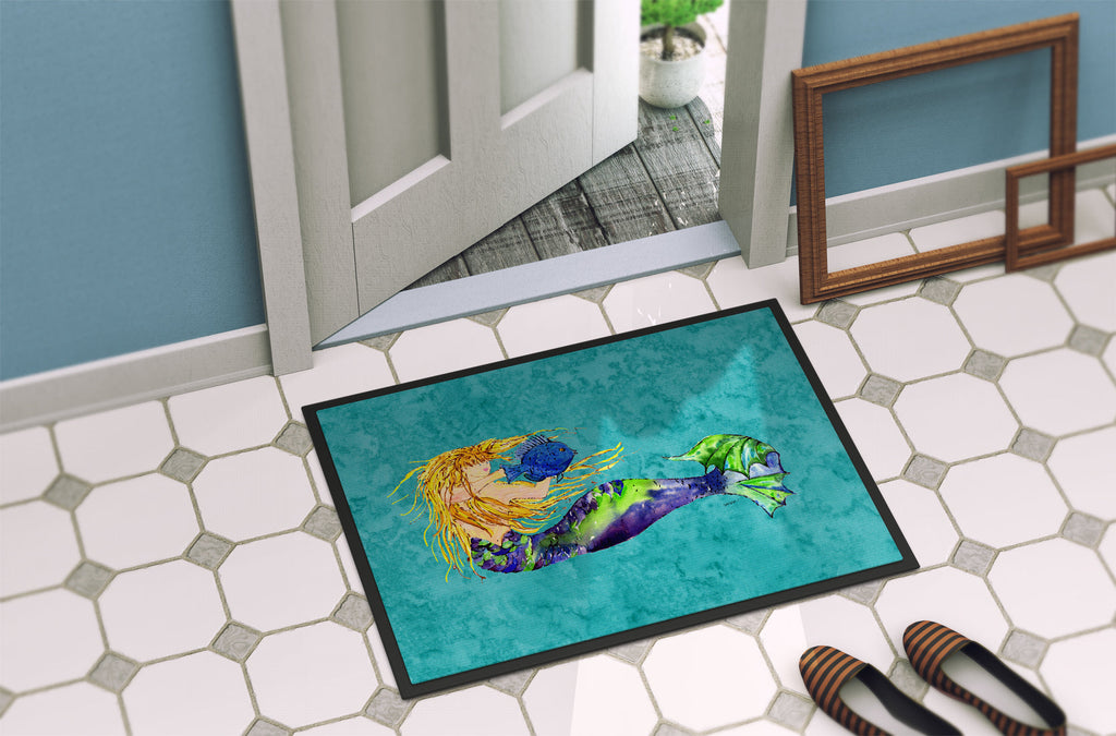 Blonde Mermaid on Teal Doormat Indoor Outdoor 24H X 36W Front Door Mat Rugs for Entryway, Non Slip Washable Low Pile,
