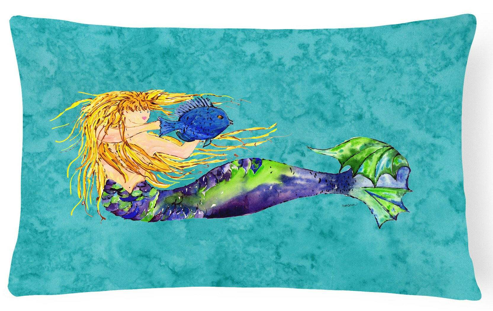Blonde Mermaid on Teal Decorative Throw Pillow 12x16 Indoor Outdoor Accent Cushion, Fabric Cover with Insert for Sofa, Bed, Porch & Living Room