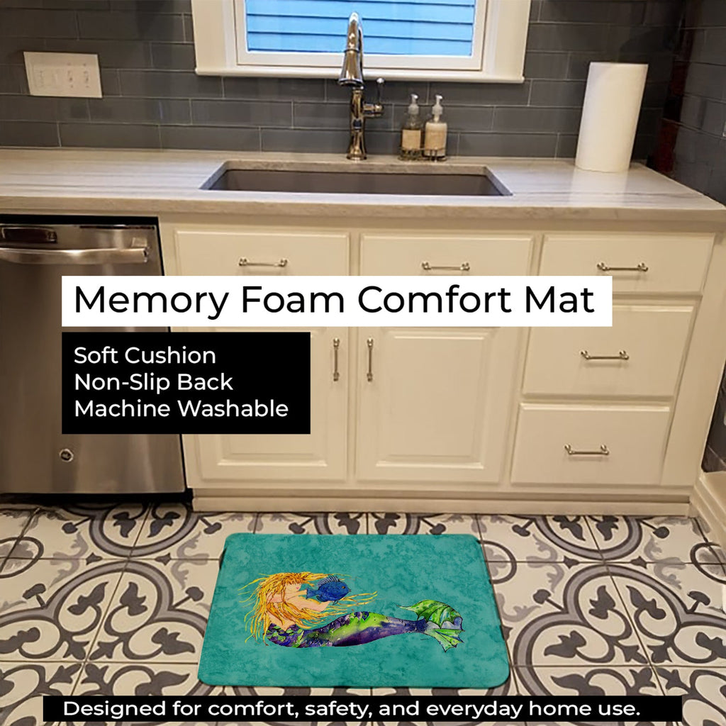 Blonde Mermaid on Teal Memory Foam Kitchen Mat Machine Washable Anti-Fatigue Cushion Comfort Bath or Kitchen Rug