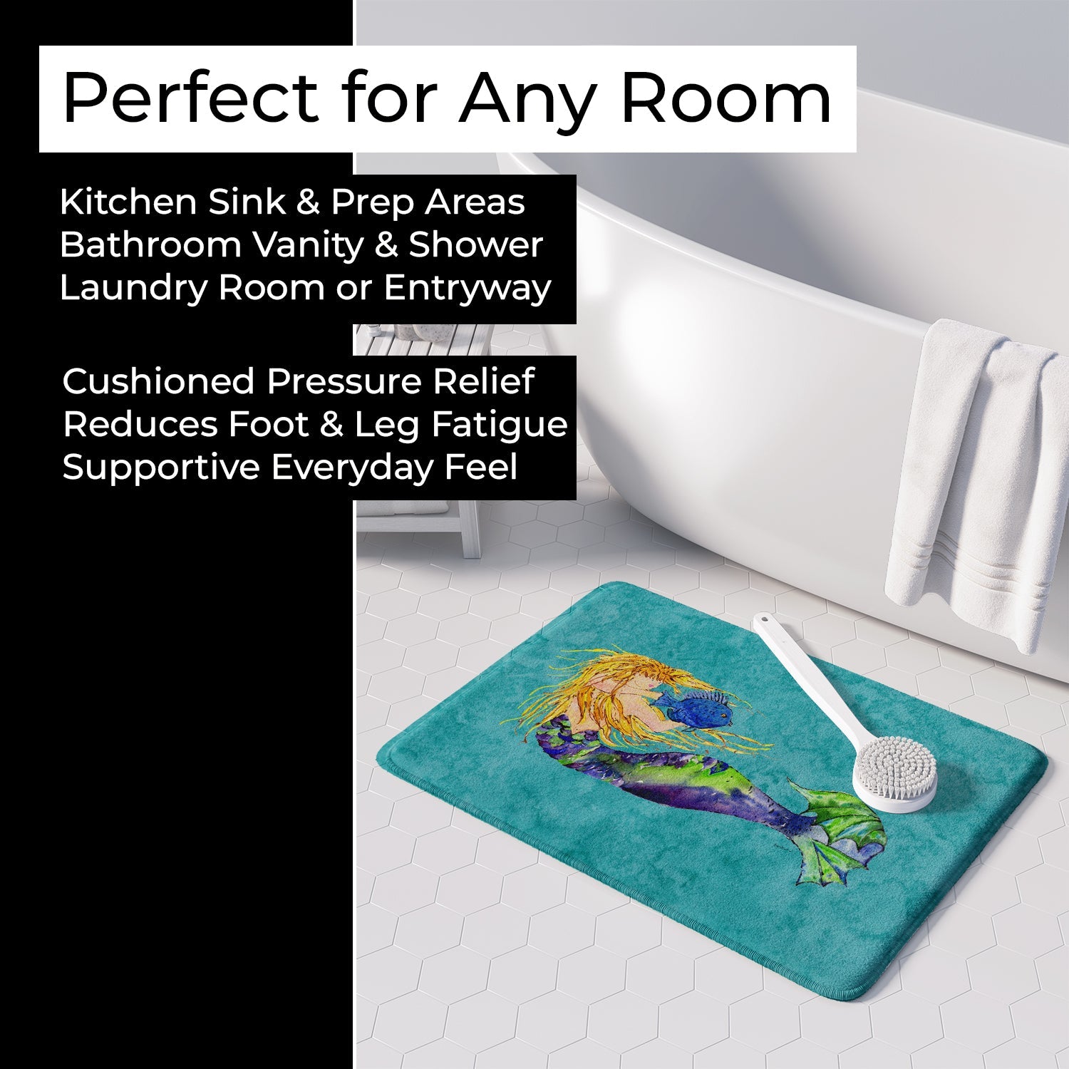 Blonde Mermaid on Teal Memory Foam Kitchen Mat Machine Washable Anti-Fatigue Cushion Comfort Bath or Kitchen Rug