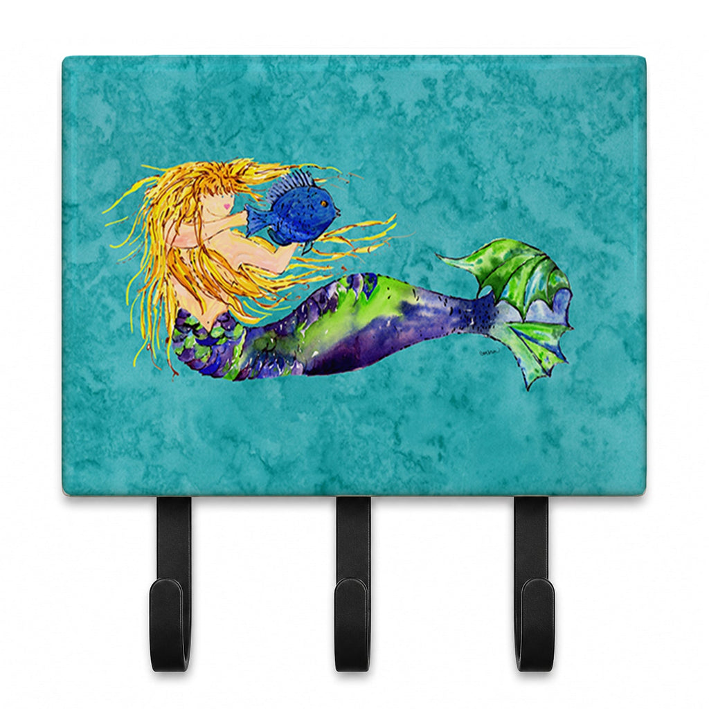 Blonde Mermaid on Teal Leash or Key Holder Wall Hooks, Coat Rack Wall Mount, for Hanging Keys, Towels, Aprons, Leashes