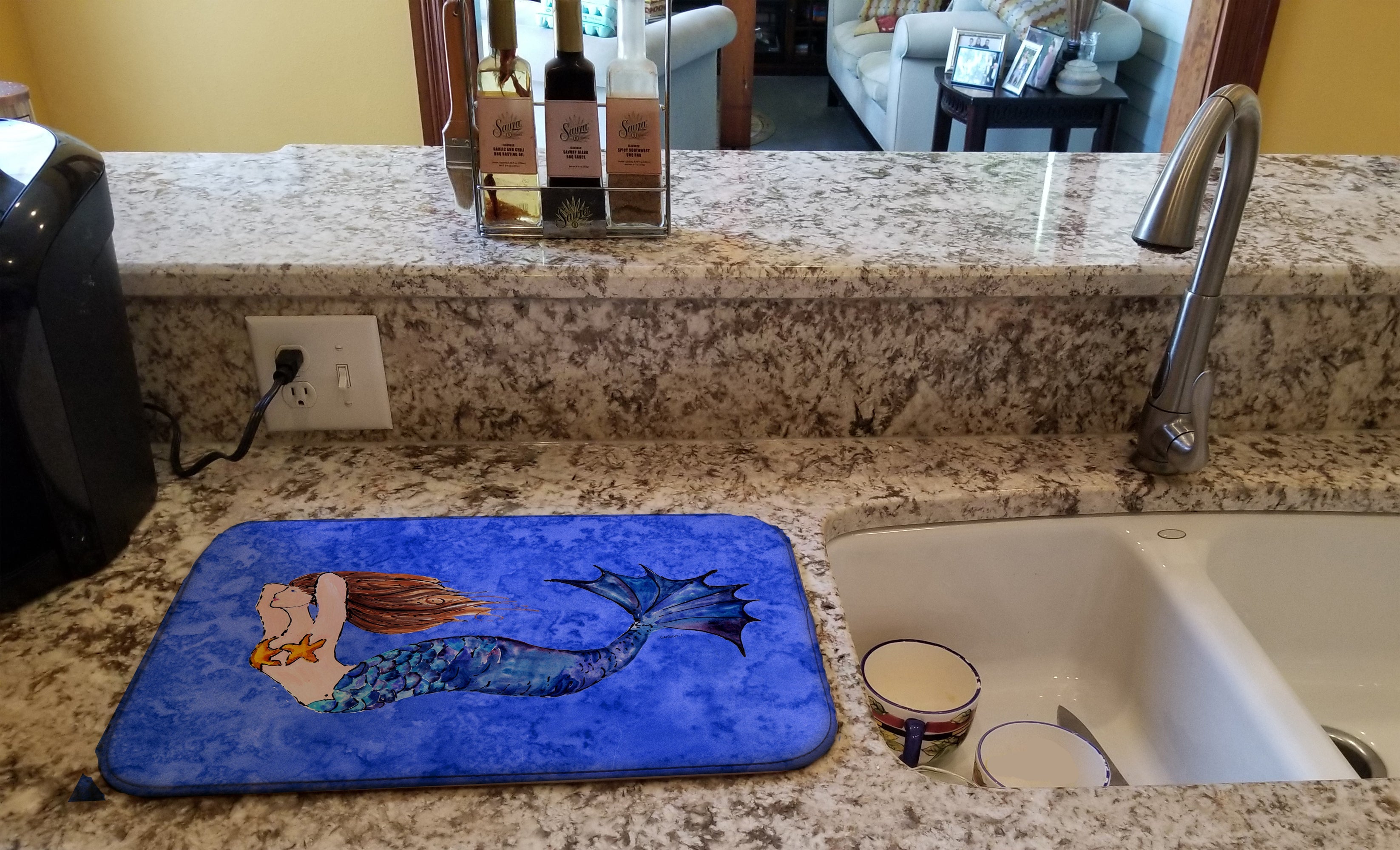 Brunette Mermaid on Blue Dish Drying Mat Absorbent Dish Drying Mat Pad for Kitchen Counter Dish Drainer Mat for Countertop, 14 x 21", Multicolor