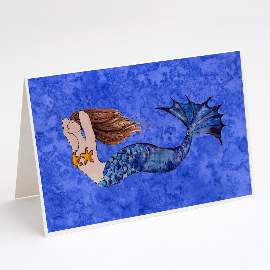 Brunette Mermaid on Blue Greeting Cards Pack of 8 Blank Cards with Envelopes Whimsical A7 Size 5x7