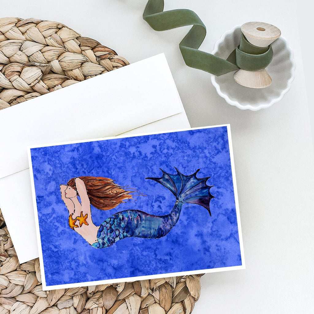 Brunette Mermaid on Blue Greeting Cards Pack of 8 Blank Cards with Envelopes Whimsical A7 Size 5x7