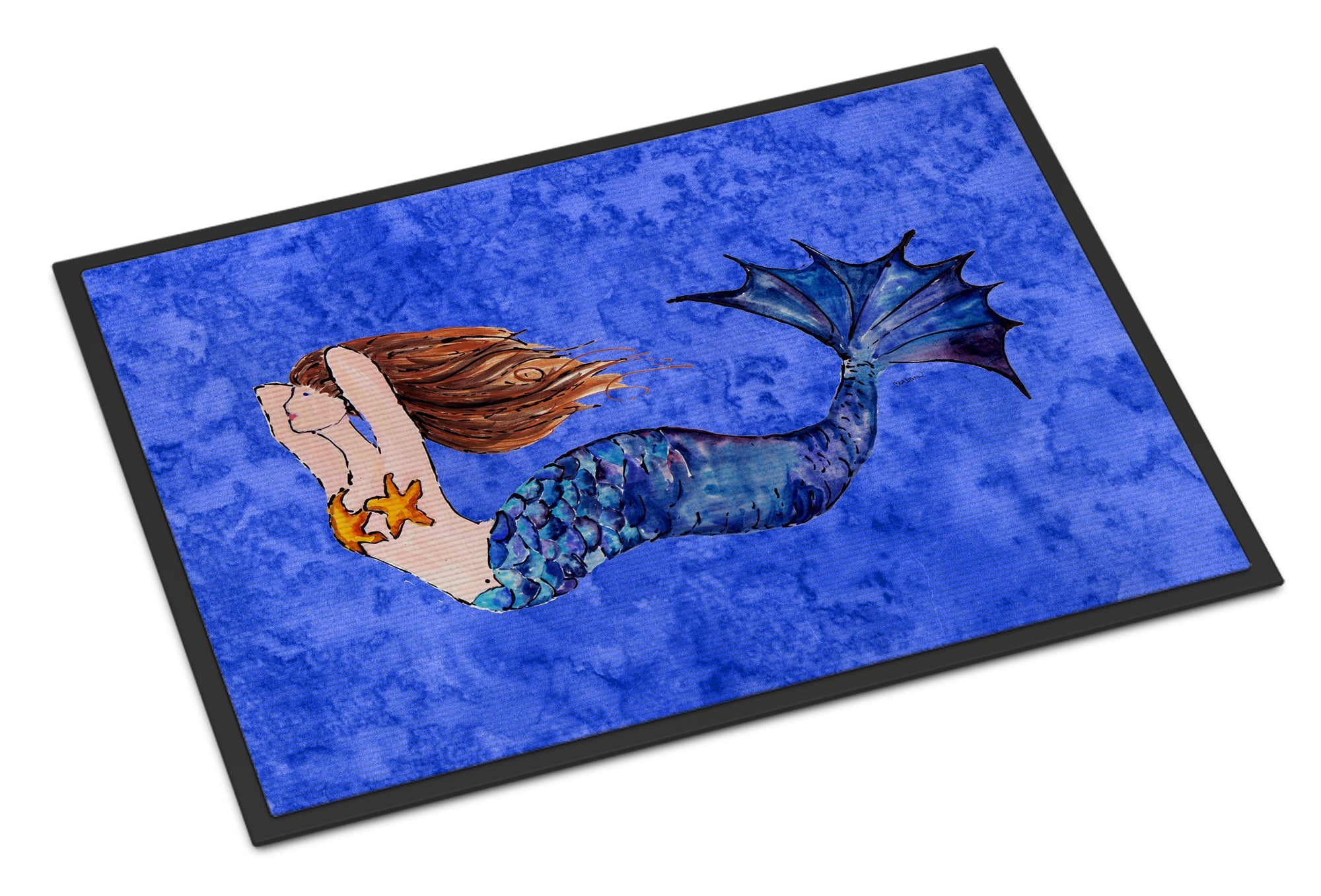 Brunette Mermaid on Blue Doormat Indoor Outdoor 24H X 36W Front Door Mat Rugs for Entryway, Non Slip Washable Low Pile,