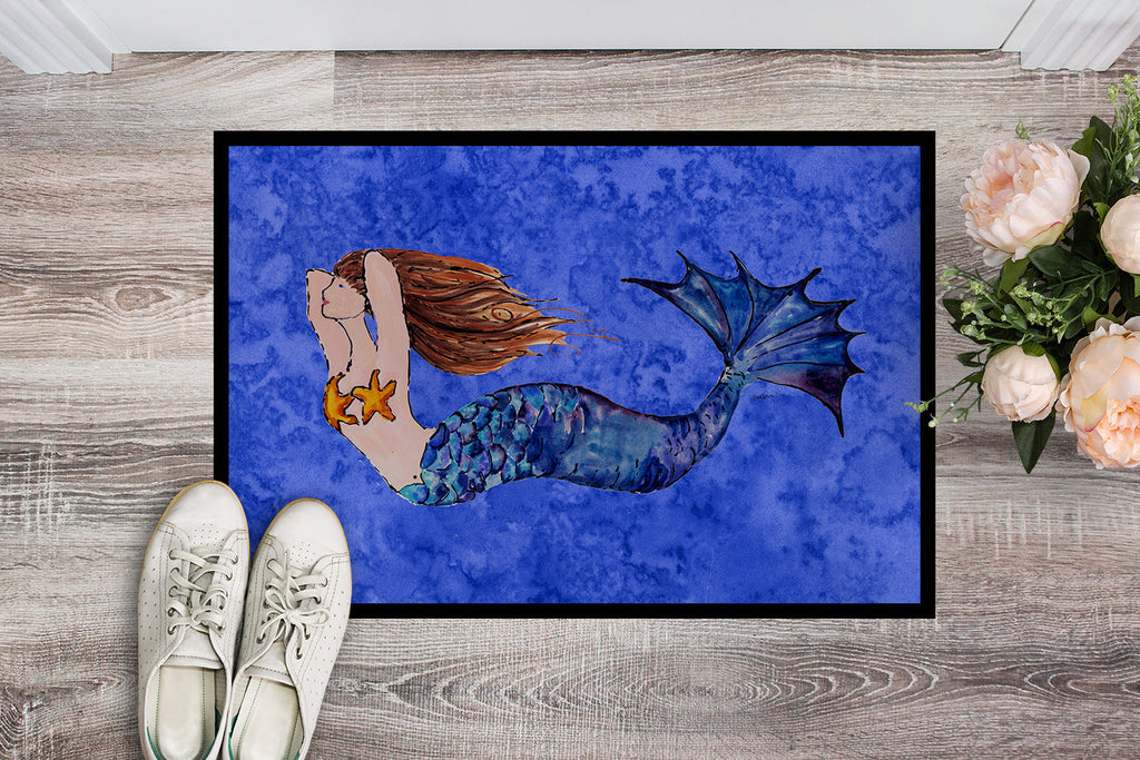 Brunette Mermaid on Blue Doormat Indoor Outdoor 24H X 36W Front Door Mat Rugs for Entryway, Non Slip Washable Low Pile,