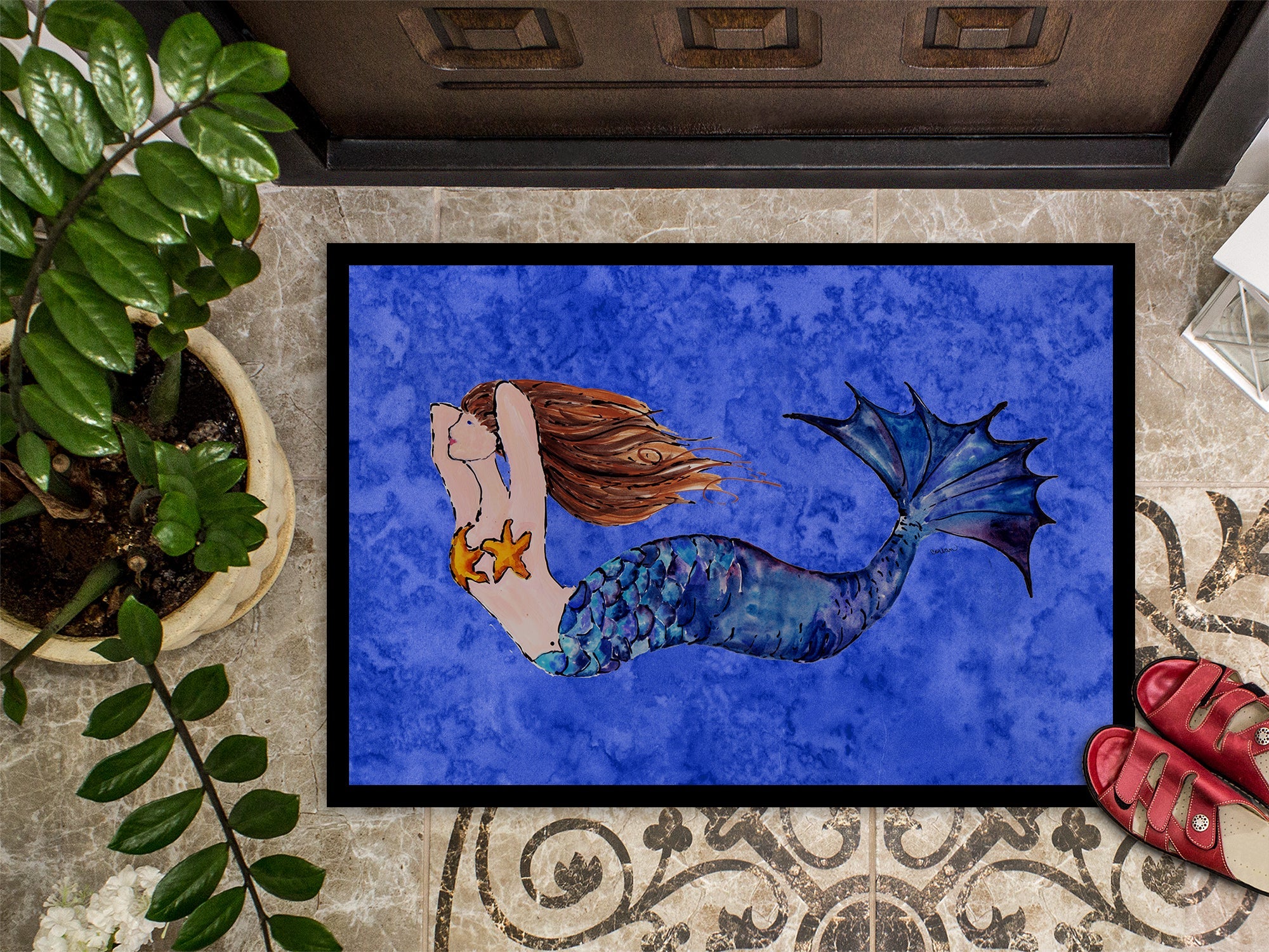 Brunette Mermaid on Blue Doormat Indoor Outdoor 24H X 36W Front Door Mat Rugs for Entryway, Non Slip Washable Low Pile,