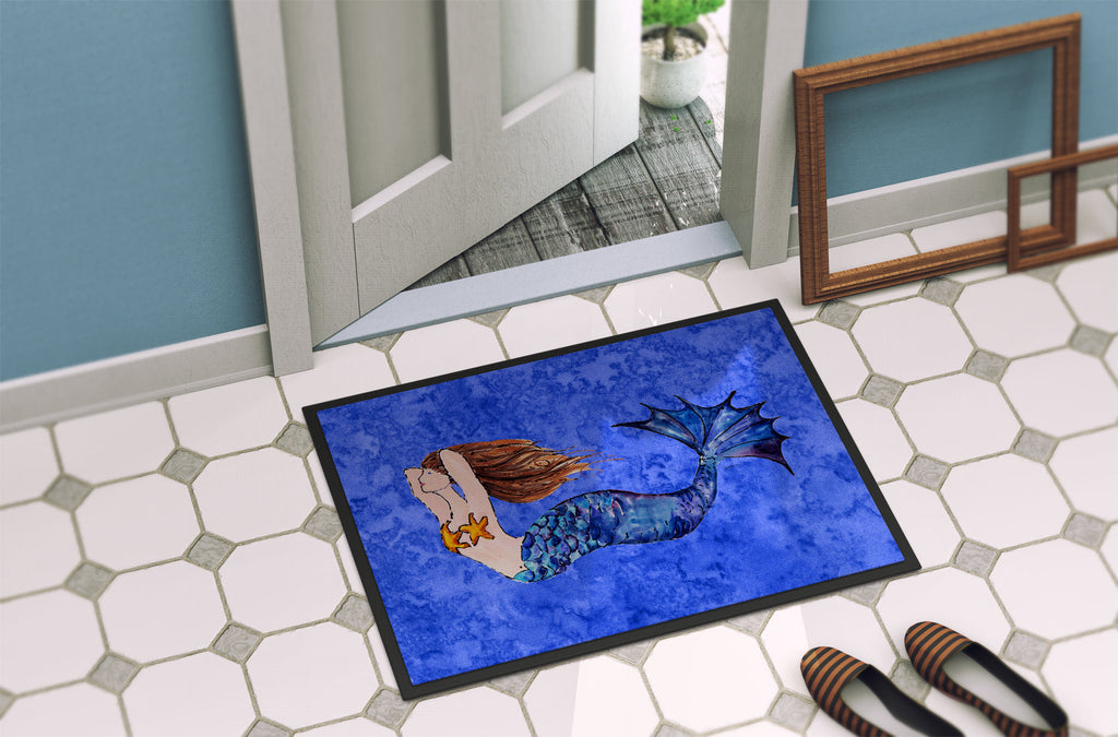 Brunette Mermaid on Blue Doormat Indoor Outdoor 24H X 36W Front Door Mat Rugs for Entryway, Non Slip Washable Low Pile,