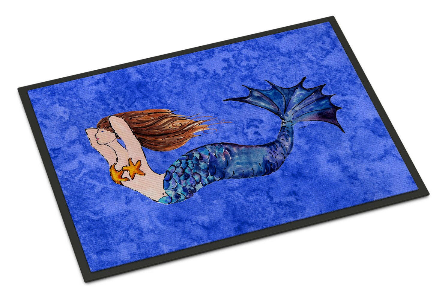 Brunette Mermaid on Blue Doormat Indoor Outdoor 18H X 27W Front Door Mat Rugs for Entryway, Non Slip Washable