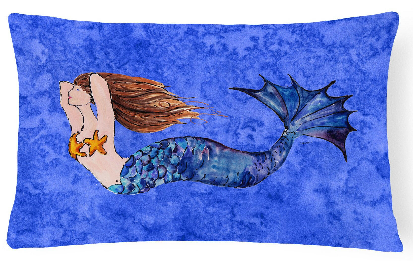 Brunette Mermaid on Blue Decorative Throw Pillow 12x16 Indoor Outdoor Accent Cushion, Fabric Cover with Insert for Sofa, Bed, Porch & Living Room