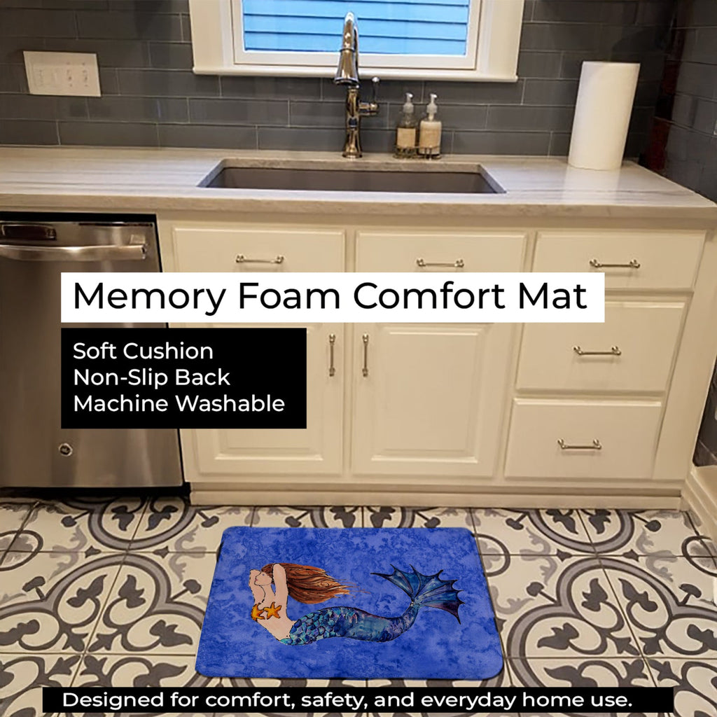 Brunette Mermaid on Blue Memory Foam Kitchen Mat Machine Washable Anti-Fatigue Cushion Comfort Bath or Kitchen Rug