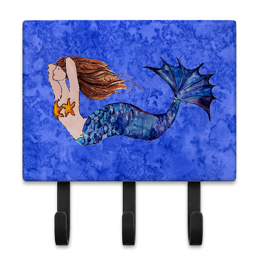 Brunette Mermaid on Blue Leash or Key Holder Wall Hooks, Coat Rack Wall Mount, for Hanging Keys, Towels, Aprons, Leashes