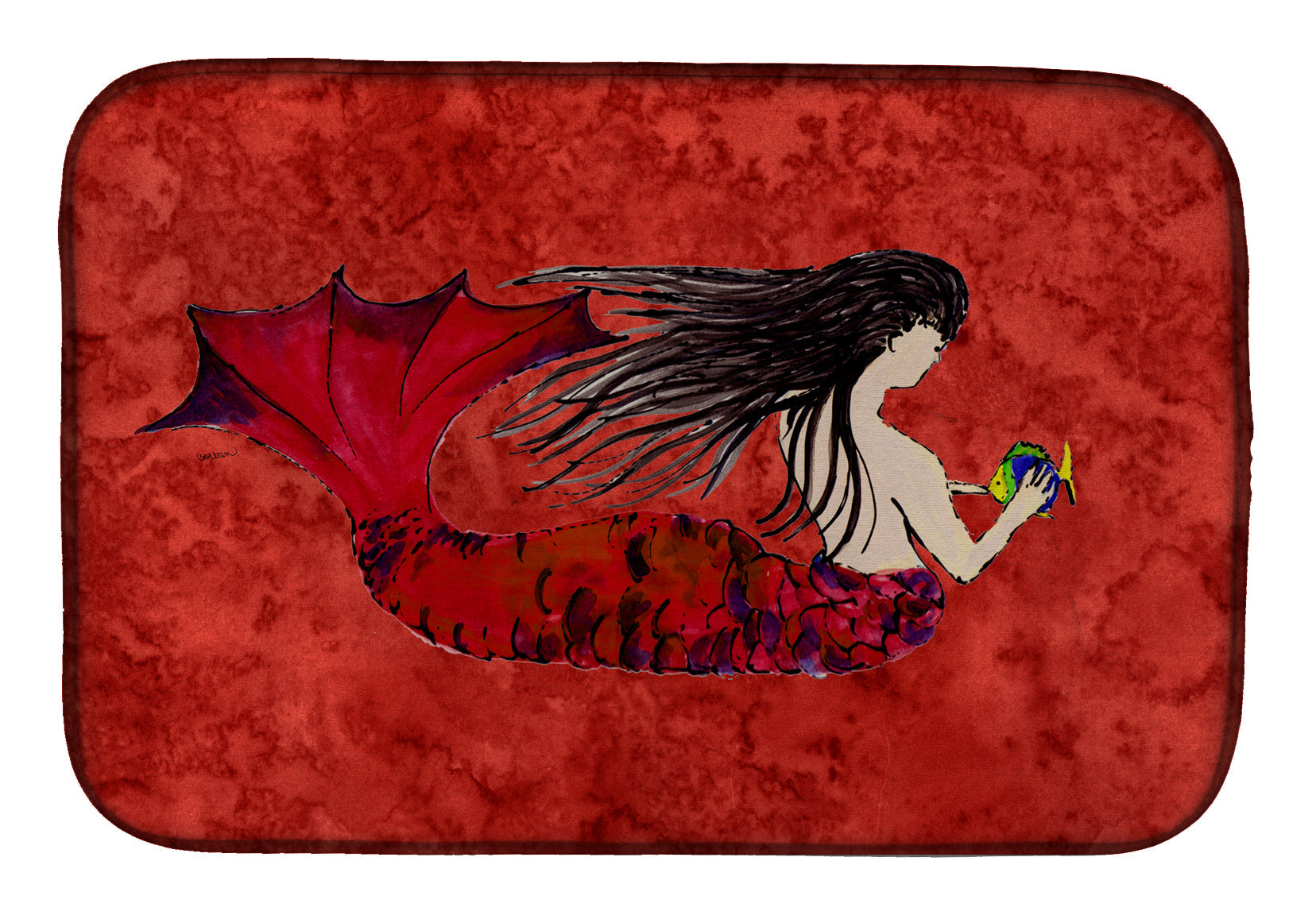 Black Haired Mermaid on Red Dish Drying Mat Absorbent Dish Drying Mat Pad for Kitchen Counter Dish Drainer Mat for Countertop, 14 x 21", Multicolor