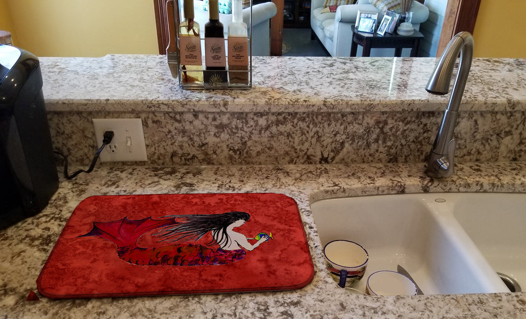 Black Haired Mermaid on Red Dish Drying Mat Absorbent Dish Drying Mat Pad for Kitchen Counter Dish Drainer Mat for Countertop, 14 x 21", Multicolor