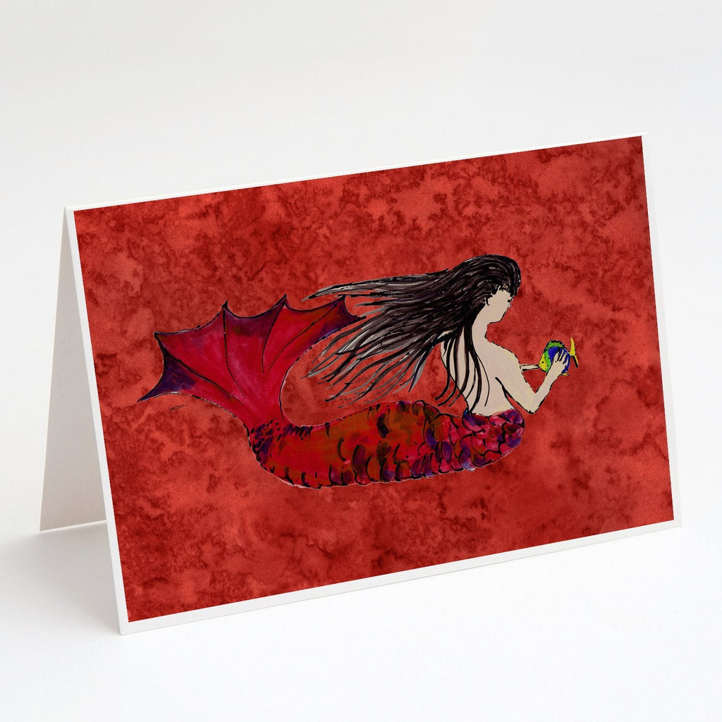 Black Haired Mermaid on Red Greeting Cards Pack of 8 Blank Cards with Envelopes Whimsical A7 Size 5x7
