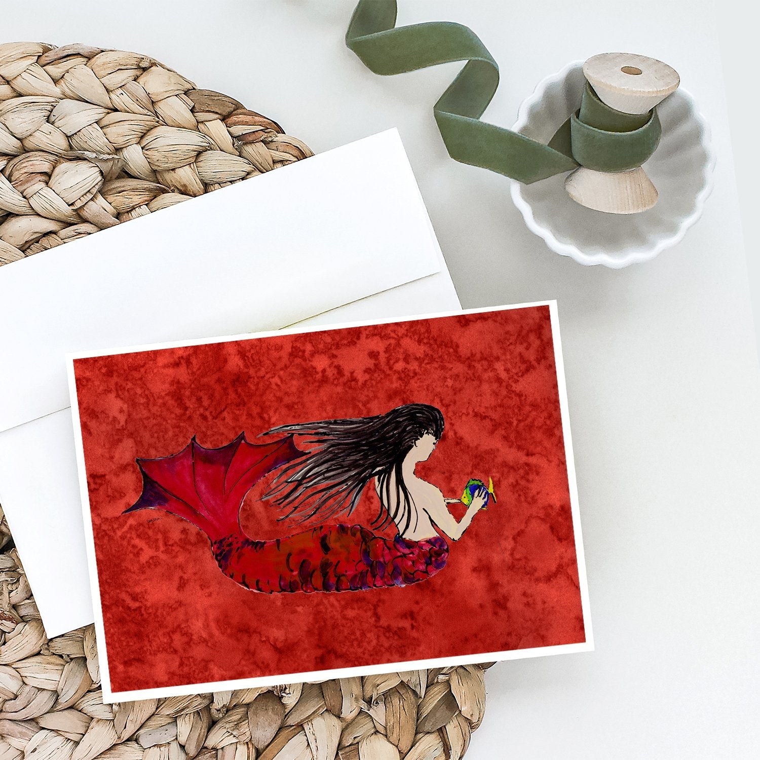Black Haired Mermaid on Red Greeting Cards Pack of 8 Blank Cards with Envelopes Whimsical A7 Size 5x7