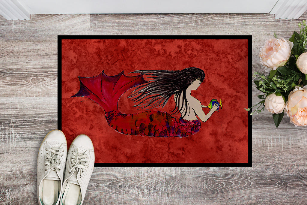 Black Haired Mermaid on Red Doormat Indoor Outdoor 24H X 36W Front Door Mat Rugs for Entryway, Non Slip Washable Low Pile,