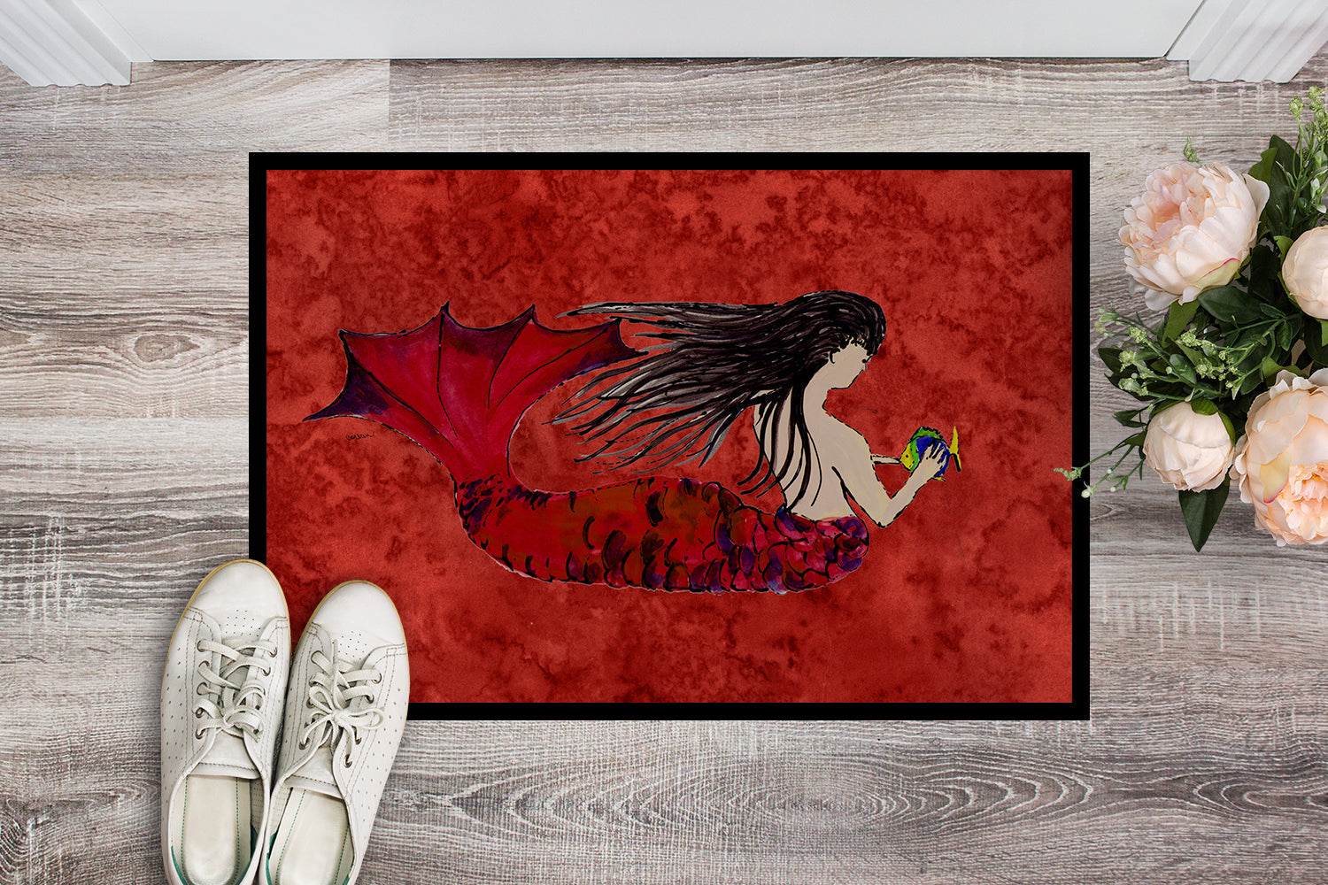 Black Haired Mermaid on Red Doormat Indoor Outdoor 24H X 36W Front Door Mat Rugs for Entryway, Non Slip Washable Low Pile,